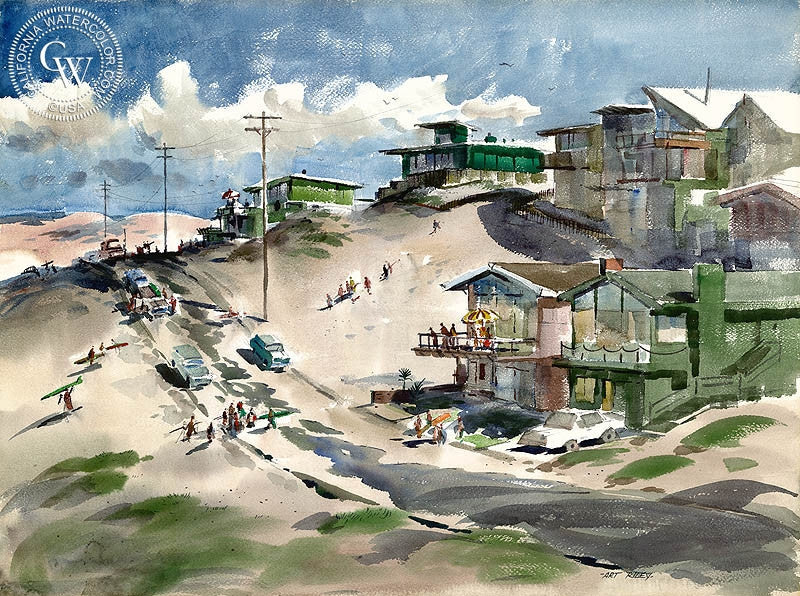 Playa del Rey, L.A., 1957, watercolor painting by Art Riley  (American art). Fine art giclée print reproduction by California Watercolor for wall decor.