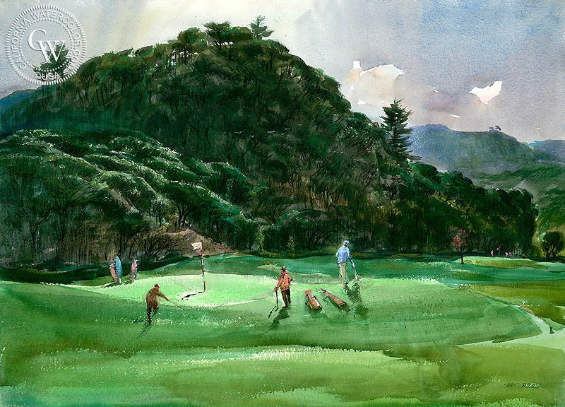 Playing Pebble Beach, c. 1960s, watercolor painting by Art Riley  (American art). Fine art giclée print reproduction by California Watercolor for wall decor.