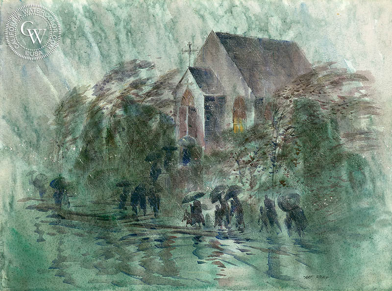 A Rainy Church Day, watercolor painting by Art Riley  (American art). Fine art giclée print reproduction by California Watercolor for wall decor.