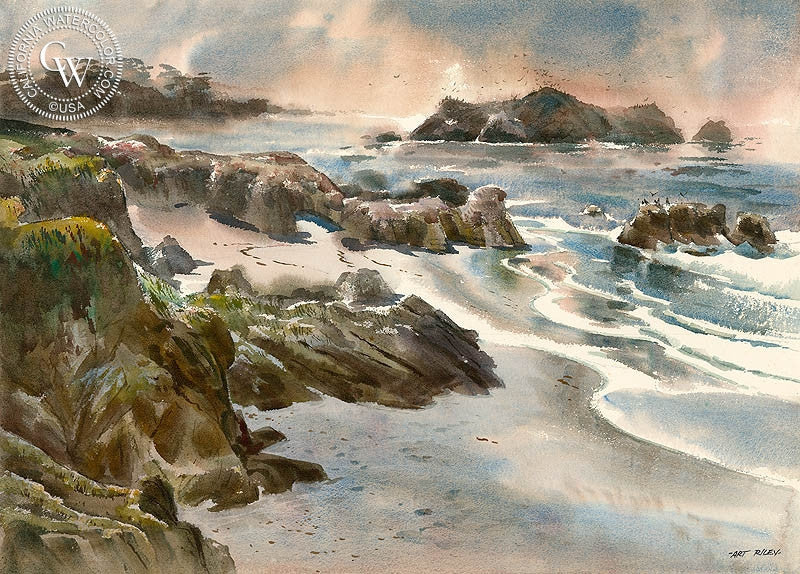 Rocks & Beach, watercolor painting by Art Riley  (American art). Fine art giclée print reproduction by California Watercolor for wall decor.