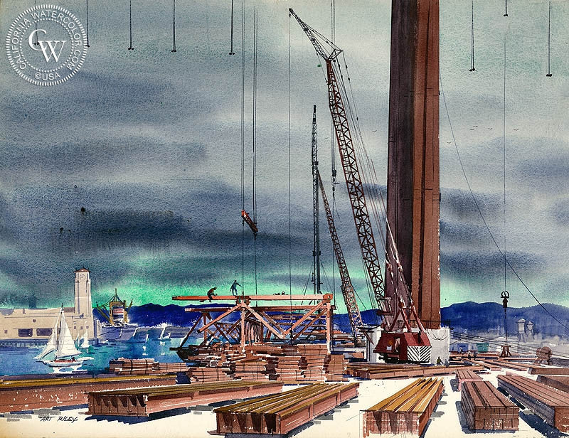 San Pedro Harbor, 1962, watercolor painting by Art Riley  (American art). Fine art giclée print reproduction by California Watercolor for wall decor.