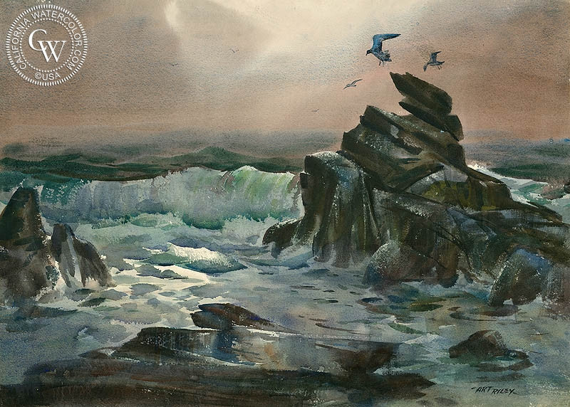 Seagulls, watercolor painting by Art Riley  (American art). Fine art giclée print reproduction by California Watercolor for wall decor.