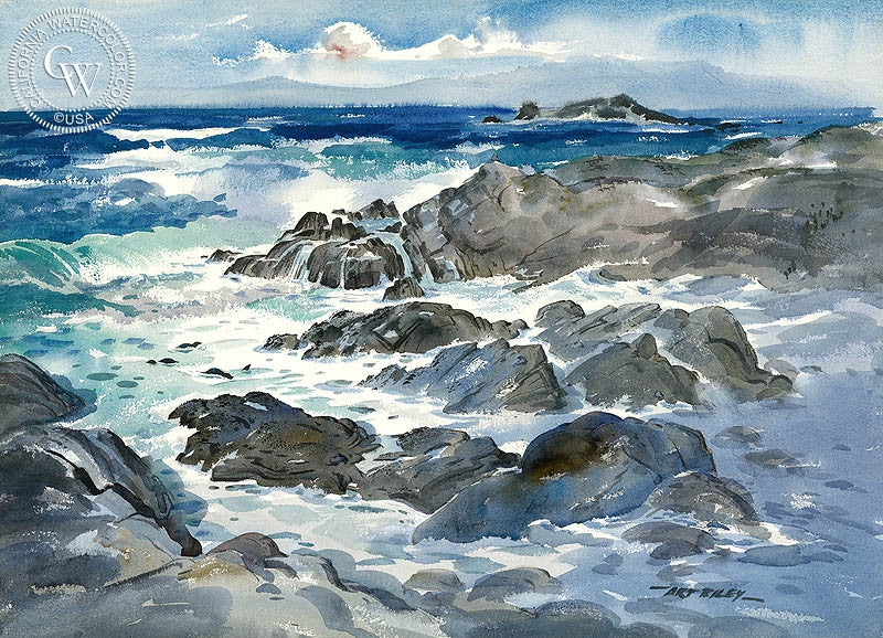 Seals at Play, watercolor painting by Art Riley  (American art). Fine art giclée print reproduction by California Watercolor for wall decor.