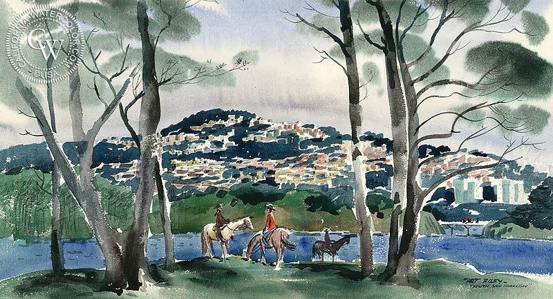 South San Francisco, watercolor painting by Art Riley  (American art). Fine art giclée print reproduction by California Watercolor for wall decor.
