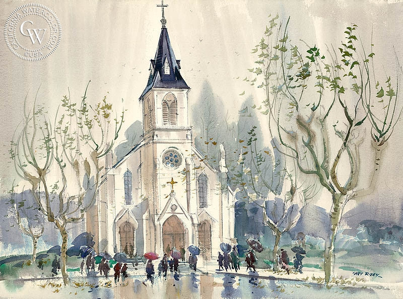 Sunday, watercolor painting by Art Riley  (American art). Fine art giclée print reproduction by California Watercolor for wall decor.