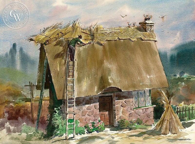 Thatching the House, watercolor painting by Art Riley  (American art). Fine art giclée print reproduction by California Watercolor for wall decor.