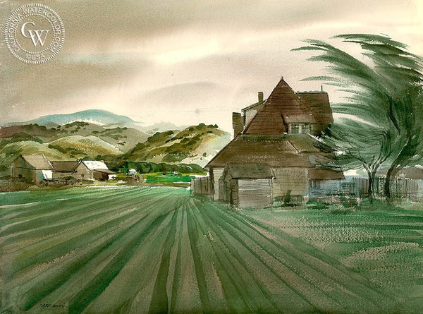 Windblown Farm, California art by Art Riley. HD giclee art prints for sale at CaliforniaWatercolor.com - original California paintings, & premium giclee prints for sale