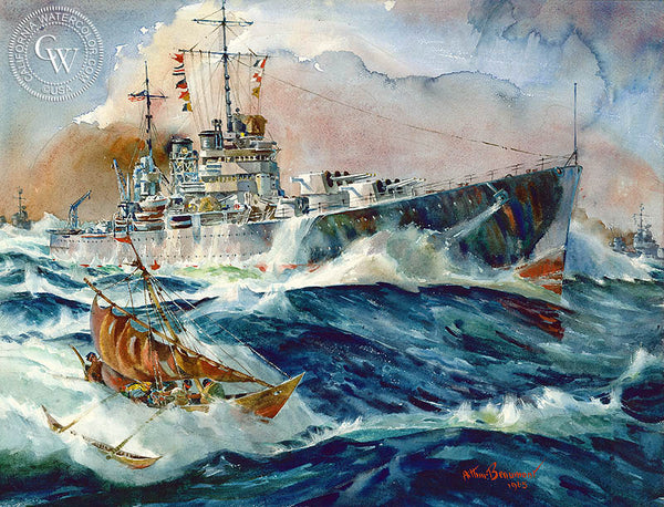 Battleship and Natives, 1965, California art by Arthur Beaumont. HD giclee art prints for sale at CaliforniaWatercolor.com - original California paintings, & premium giclee prints for sale
