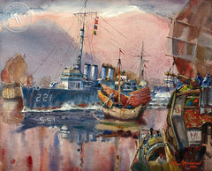 Cutting the Dragons Tail - U.S.S. Simpson, Hong Kong, 1962, California art by Arthur Beaumont. HD giclee art prints for sale at CaliforniaWatercolor.com - original California paintings, & premium giclee prints for sale