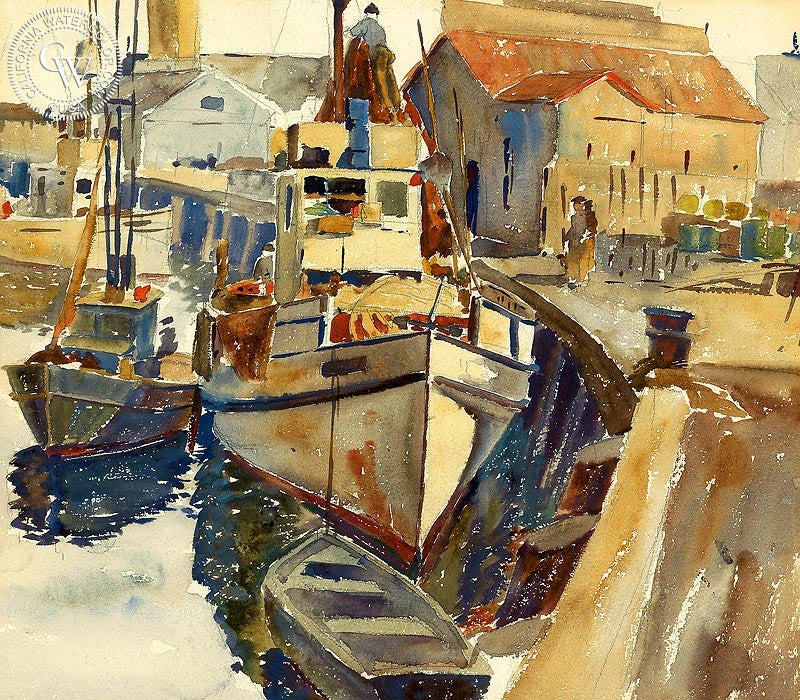 Monterey, c. 1930s, watercolor painting by Arthur Beaumont (American art). Original watercolor painting by California Watercolor for wall decor.