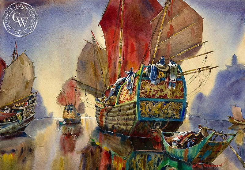 The Golden Junk - The Yangtse, China, 1962, watercolor painting by Arthur Beaumont (American art). Original watercolor painting by California Watercolor for wall decor.