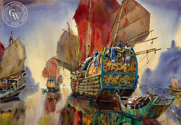 The Golden Junk - The Yangtse, China, 1962, California art by Arthur Beaumont. HD giclee art prints for sale at CaliforniaWatercolor.com - original California paintings, & premium giclee prints for sale