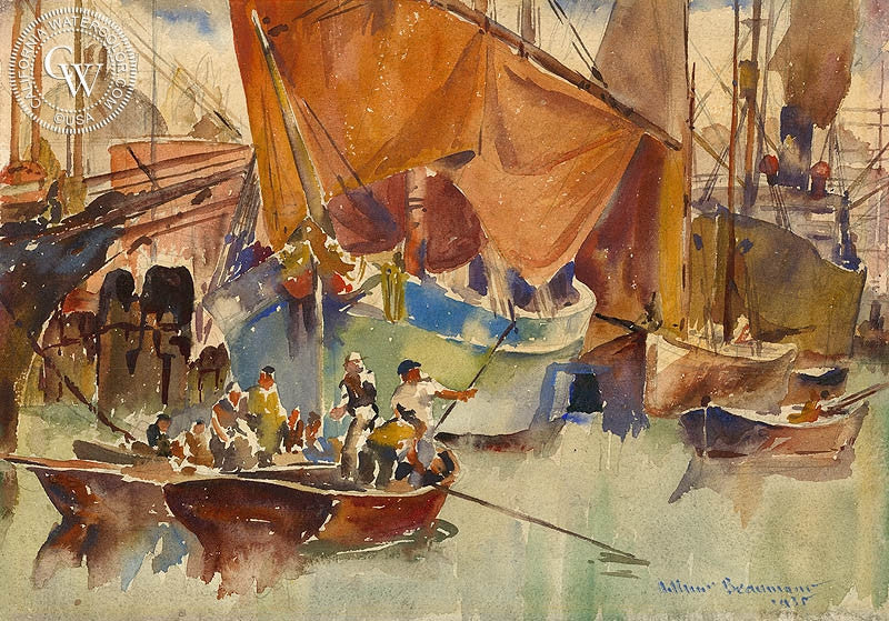 Venetian Harbor, 1935, watercolor painting by Arthur Beaumont (American art). Original watercolor painting by California Watercolor for wall decor.
