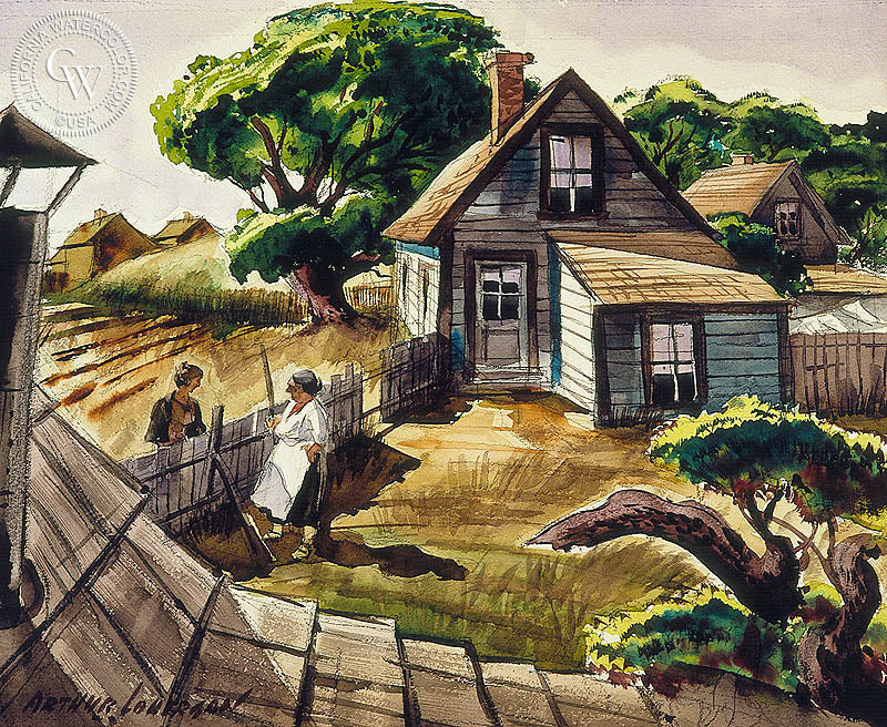 Backyard Chatter, c. 1940, watercolor painting by Arthur Lonergan  (American art). Fine art giclée print reproduction by California Watercolor for wall decor.