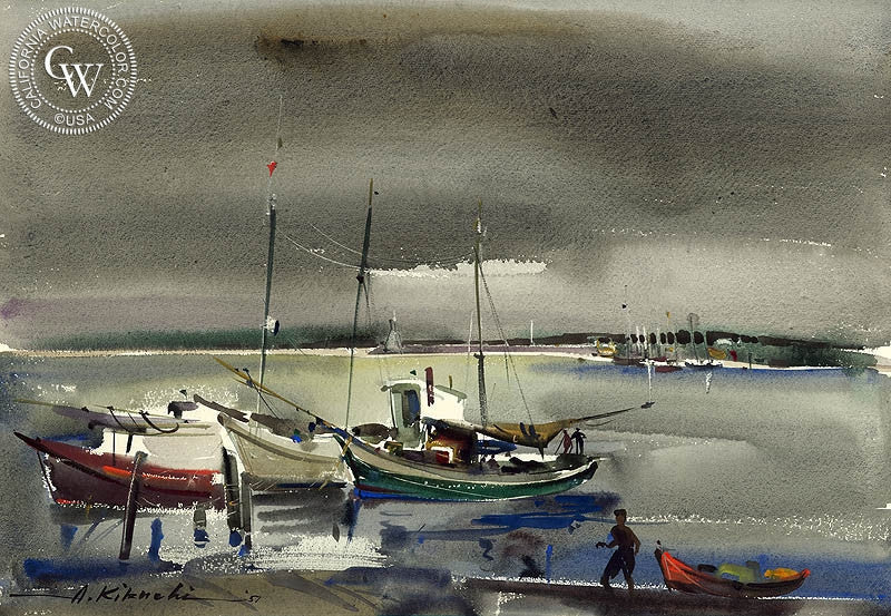 Harbor Scene, 1951, watercolor painting by Atsushi Kikuchi  (American art). Fine art giclée print reproduction by California Watercolor for wall decor.