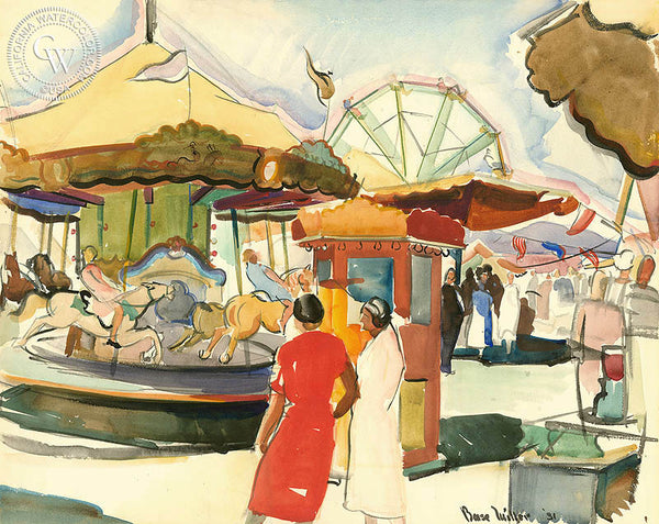 Merry Go Round, 1931, California watercolor art by Barse Miller. Military Art by California artists. HD giclee art prints for sale at CaliforniaWatercolor.com - original California paintings, & premium giclee prints for sale