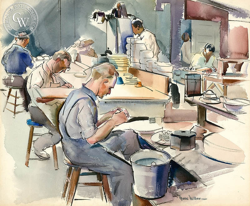 Gladding McBean Pottery Factory, 1935, watercolor painting by Barse Miller  (American art). Fine art giclée print reproduction by California Watercolor for wall decor.