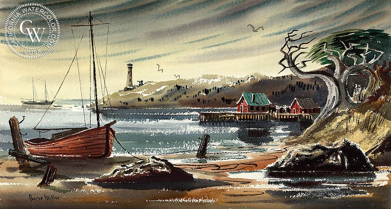 Lighthouse, watercolor painting by Barse Miller  (American art). Fine art giclée print reproduction by California Watercolor for wall decor.