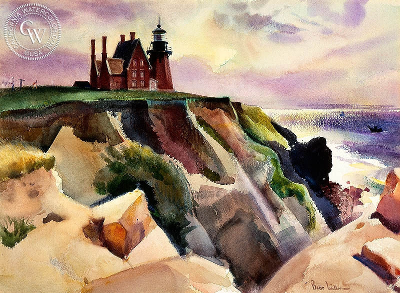 Lighthouse Pacific Coast, watercolor painting by Barse Miller  (American art). Fine art giclée print reproduction by California Watercolor for wall decor.