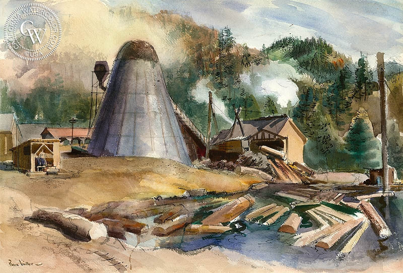 Northern California Mill, 1946, watercolor painting by Barse Miller  (American art). Fine art giclée print reproduction by California Watercolor for wall decor.