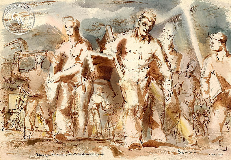Return from the Movies, 1944, watercolor painting by Barse Miller  (American art). Fine art giclée print reproduction by California Watercolor for wall decor.