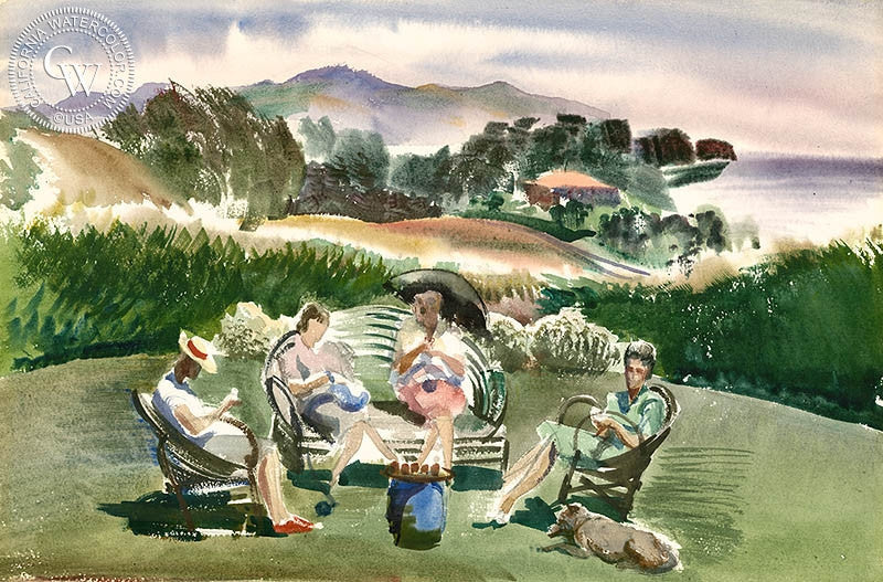 Santa Barbara Knitters, watercolor painting by Barse Miller  (American art). Fine art giclée print reproduction by California Watercolor for wall decor.