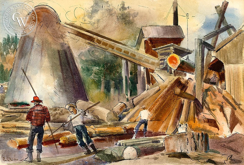 Saw Mill Operation, c. 1930s, watercolor painting by Barse Miller  (American art). Fine art giclée print reproduction by California Watercolor for wall decor.