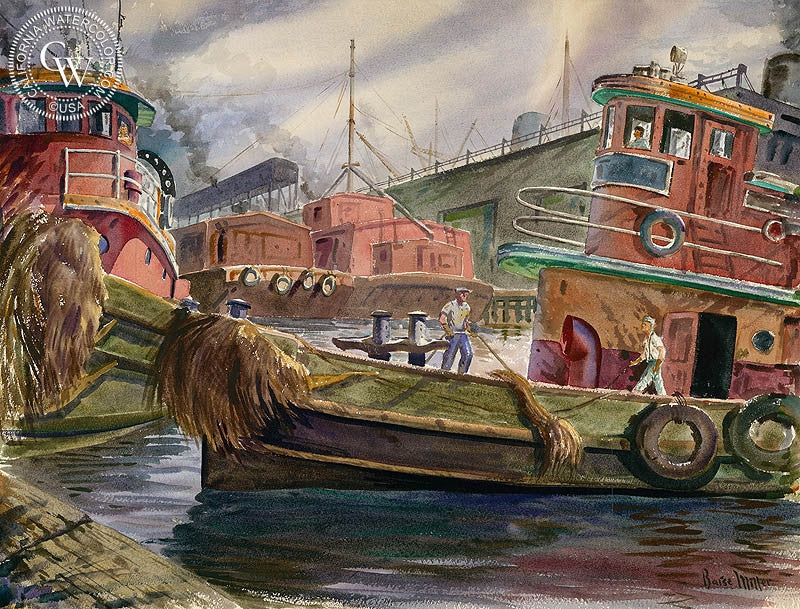 Tug Sailors, c. 1940, watercolor painting by Barse Miller  (American art). Fine art giclée print reproduction by California Watercolor for wall decor.