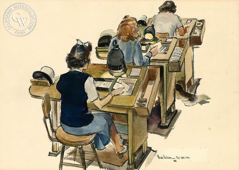 V-Mail Operations, Cutting Prints, 1942, watercolor painting by Barse Miller  (American art). Fine art giclée print reproduction by California Watercolor for wall decor.