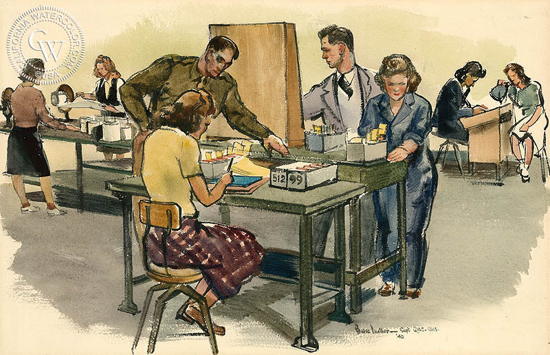 V-Mail Operations, Airgraph Department V, 1942, watercolor painting by Barse Miller  (American art). Fine art giclée print reproduction by California Watercolor for wall decor.