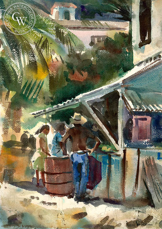 Working at the Shop, watercolor painting by Barse Miller  (American art). Fine art giclée print reproduction by California Watercolor for wall decor.