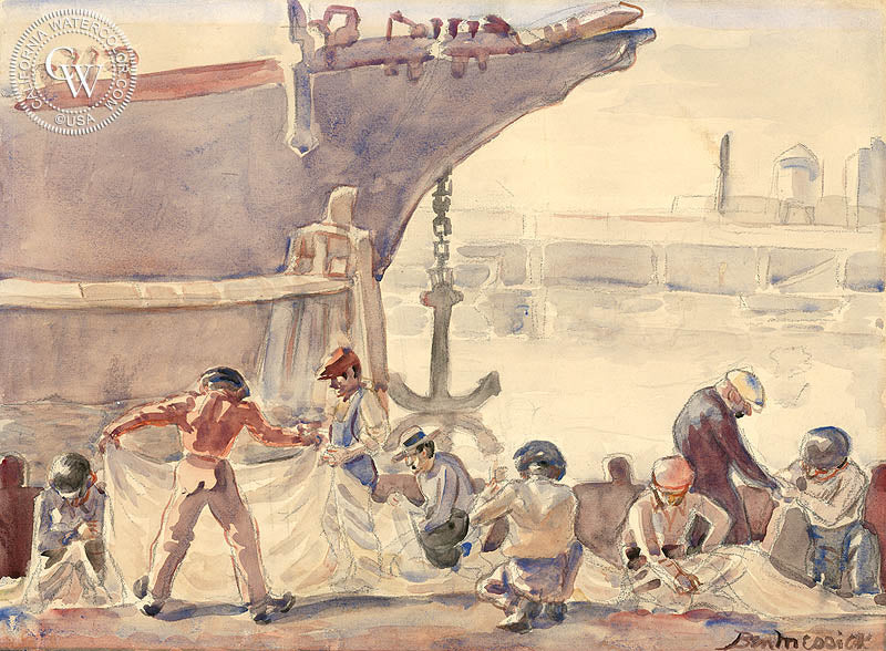 Mending Nets, watercolor painting by Ben Messick  (American art). Fine art giclée print reproduction by California Watercolor for wall decor.