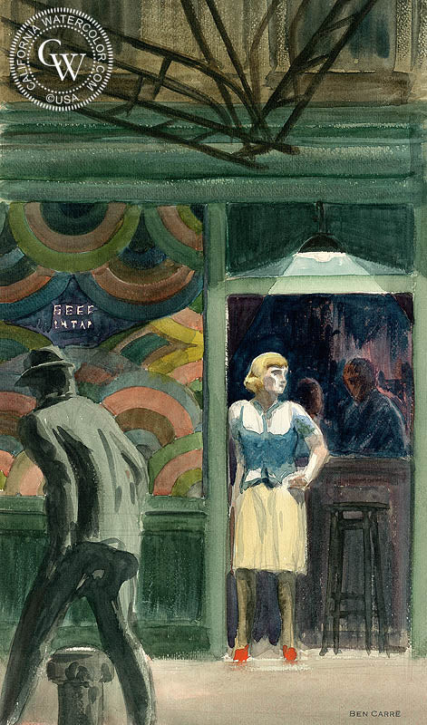 Beer on Tap, c. 1930s, watercolor painting by Ben Carre  (American art). Fine art giclée print reproduction by California Watercolor for wall decor.