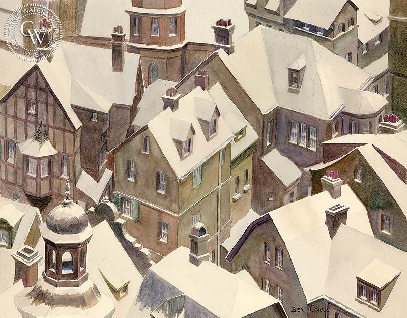 Rooftops, watercolor painting by Ben Carre  (American art). Fine art giclée print reproduction by California Watercolor for wall decor.