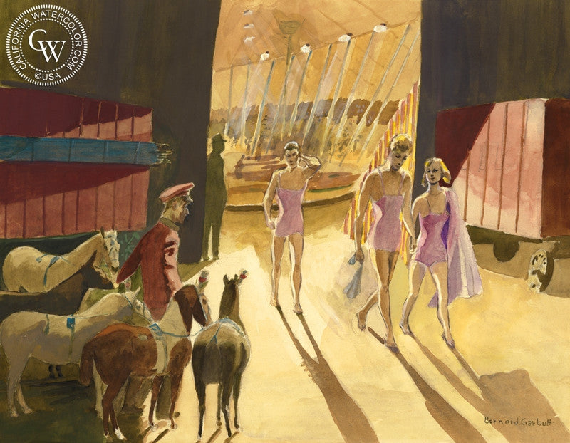 Circus, 1939, watercolor painting by Bernard Garbutt  (American art). Fine art giclée print reproduction by California Watercolor for wall decor.