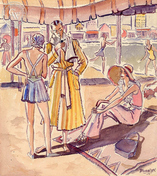Chic at the Beach, Santa Monica, 1935, California art by Ben Messick. HD giclee art prints for sale at CaliforniaWatercolor.com - original California paintings, & premium giclee prints for sale