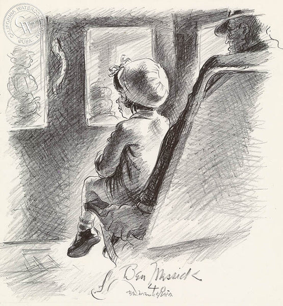 Ben Messick - Little Lady Passenger (First Streetcar Rider), 1940 - California art - fine art print for sale, giclee watercolor print - Californiawatercolor.com