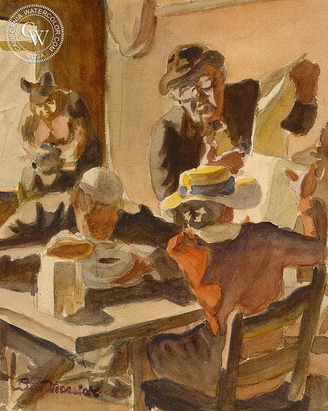 Main Street Cafe Society, c. 1939, California art by Ben Messick. HD giclee art prints for sale at CaliforniaWatercolor.com - original California paintings, & premium giclee prints for sale