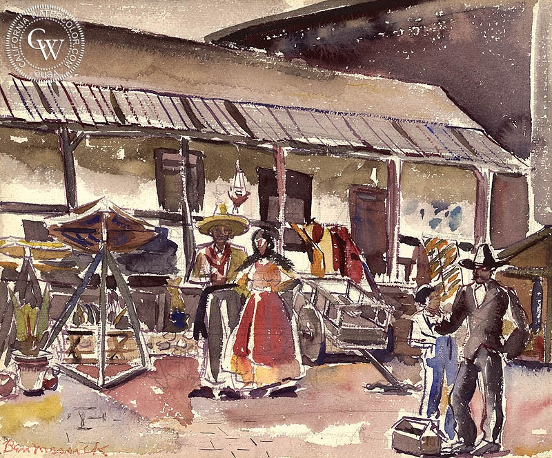 Olvera St., LA, watercolor painting by Ben Messick  (American art). Fine art giclée print reproduction by California Watercolor for wall decor.