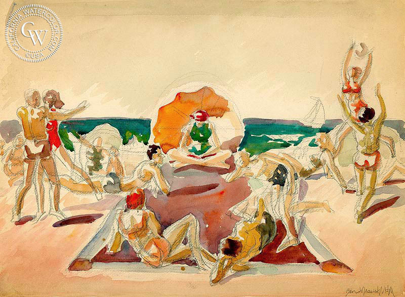 Santa Monica Beach, watercolor painting by Ben Messick  (American art). Fine art giclée print reproduction by California Watercolor for wall decor.