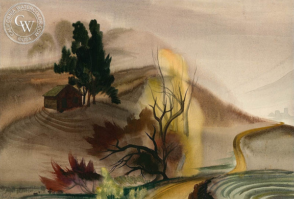 Ben Norris - Carbon Canyon, Morning Fog, 1936, California art, original California watercolor art for sale - CaliforniaWatercolor.com