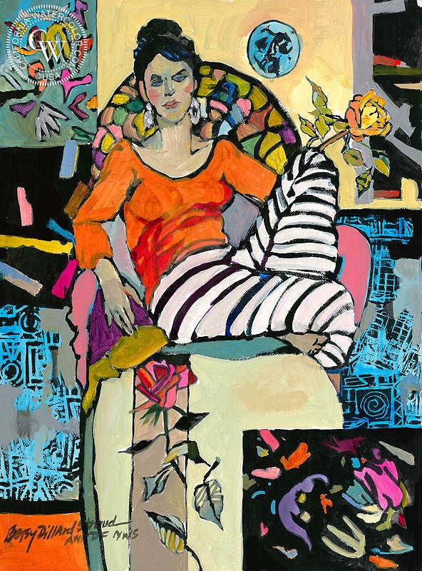 Delilah Thinking of Matisse, watercolor painting by Betsy Dillard Stroud  (American art). Fine art giclée print reproduction by California Watercolor for wall decor.