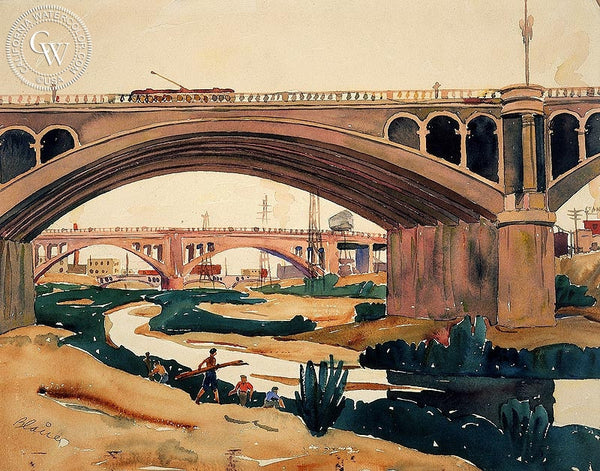 Water Under the Bridge, L.A. River, 1939, California art by Blaire Field. HD giclee art prints for sale at CaliforniaWatercolor.com - original California paintings, & premium giclee prints for sale