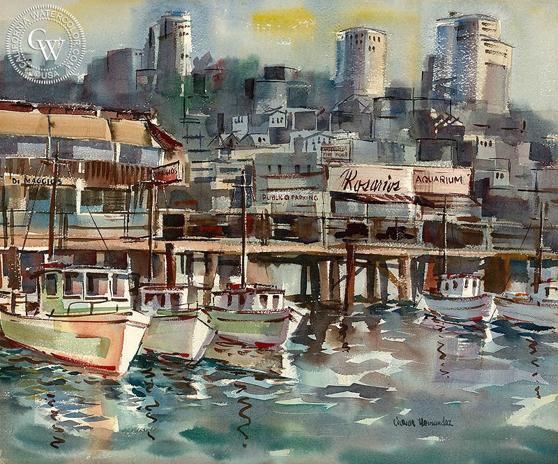 Fishing Wharf, watercolor painting by Caesar Hernandez  (American art). Fine art giclée print reproduction by California Watercolor for wall decor.