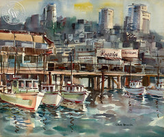 Fishing Wharf, California art by Caesar Hernandez. HD giclee art prints for sale at CaliforniaWatercolor.com - original California paintings, & premium giclee prints for sale