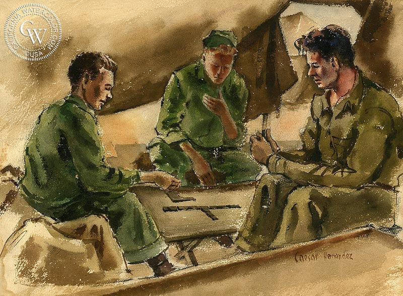 France, 1945, watercolor painting by Caesar Hernandez  (American art). Fine art giclée print reproduction by California Watercolor for wall decor.