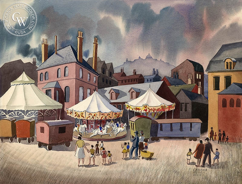 France Carnival, c. 1930s, watercolor painting by Caesar Hernandez  (American art). Fine art giclée print reproduction by California Watercolor for wall decor.