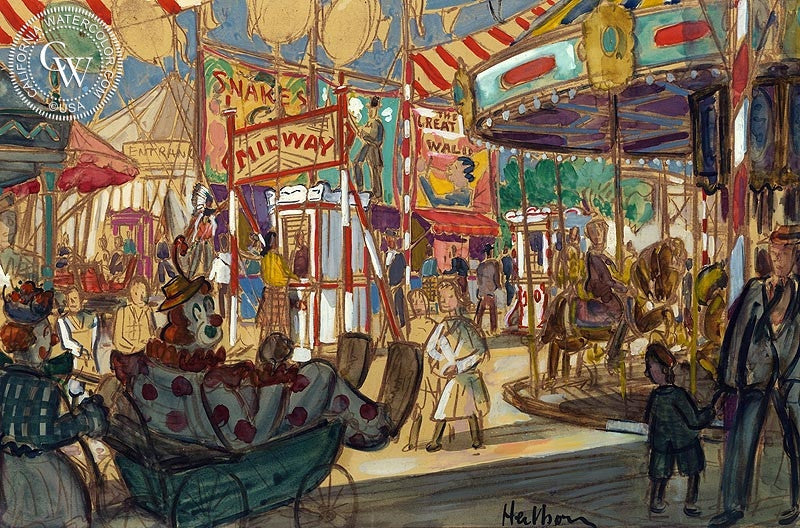 Midway Carnival, watercolor painting by Carl Westdahl Heilborn  (American art). Fine art giclée print reproduction by California Watercolor for wall decor.