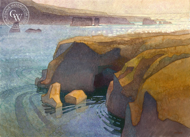 Golden Mendocino Headlands, watercolor painting by Carolyn Lord  (American art). Fine art giclée print reproduction by California Watercolor for wall decor.