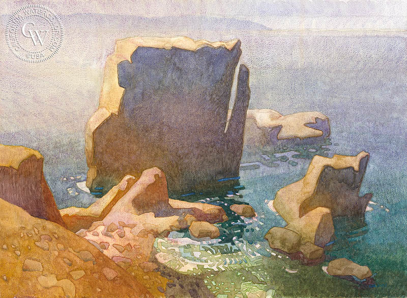 Shell Beach Opalescence, watercolor painting by Carolyn Lord  (American art). Fine art giclée print reproduction by California Watercolor for wall decor.